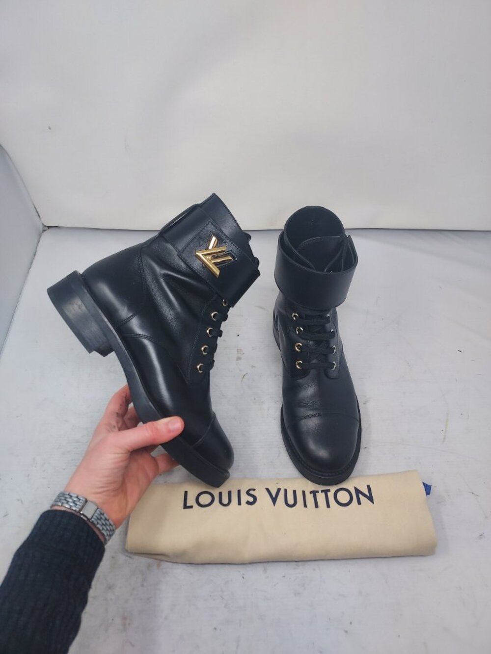 Louis Vuitton Black Leather Wonderland Ranger Combat Boot
